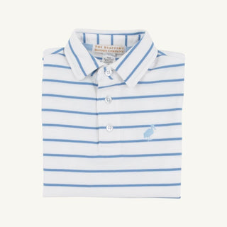 Prim and Proper Polo (Pima) – Worth Ave White and Sunrise Blvd Blue Stripe/Beale Street Blue by The Beaufort Bonnet Company - Simply Blessed Children's Boutique