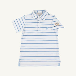 Prim and Proper Polo (Pima) – Worth Ave White and Sunrise Blvd Blue Stripe/Beale Street Blue by The Beaufort Bonnet Company - Simply Blessed Children's Boutique