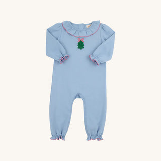Long Sleeve Ramona Ruffle Romper - Barrington Blue and Romany Rose with Embroidered Christmas Tree/ TBBC