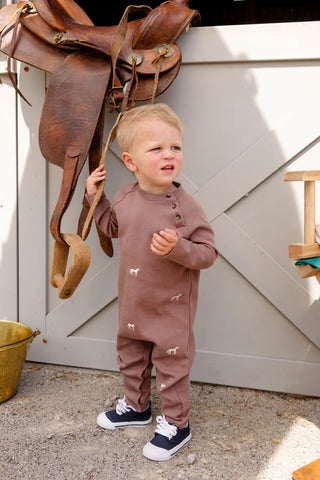 Rayburn Romper - Pima - Gray Bay Brown/Horses by The Beaufort Bonnet Company