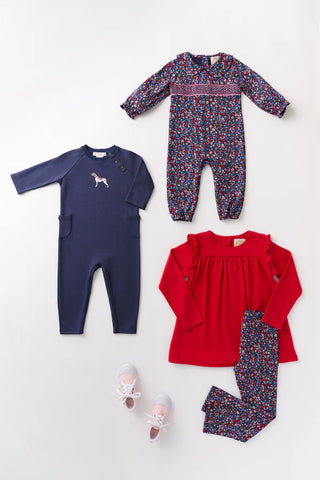 Rayburn Romper - Nantucket Navy with Dog Embroidery from The Beaufort Bonnet Company