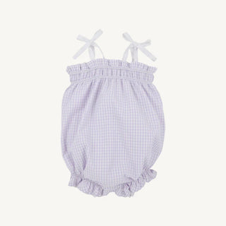 The Beaufort Bonnet Company Rosey Romper in Lauderdale Lavender Gingham with white trim girls spring romper