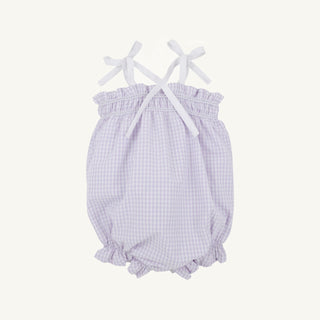 The Beaufort Bonnet Company Rosey Romper in Lauderdale Lavender Gingham with white trim girls spring romper