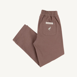 Folded view of The Beaufort Bonnet Company Sheffield Pants in Gray Bay Brown twill with elastic waistband and back pocket logo.