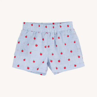 Boys' blue gingham shorts with red apple embroidery from TBBC, featuring a classic Southern fit and signature stork detail.