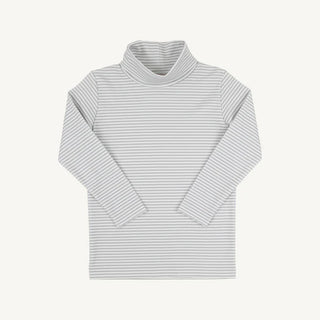 Grantley Gray striped turtleneck with long sleeves and fold-over collar, ideal for layering under jon jons, jumpers, dresses, or overalls
