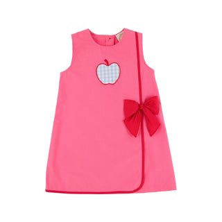 Pink faux wrap dress for girls with gingham apple applique and red bow, perfect for back-to-school and fall outings.