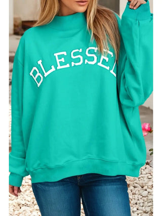“Blessed” Oversized Mock Neck Sweatshirt — Sea Green Comfort Pullover-Women's Sweatshirt/Pullover-Simply Blessed Children's Boutique