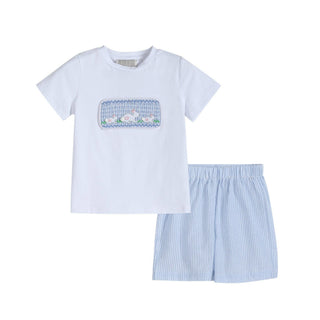 Blue Seersucker Bunnies Smocked Shirt and Boy Shorts Set-Boys Outfit Sets-Simply Blessed Children's Boutique