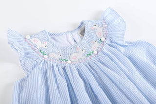 Blue Seersucker Easter Bunny Smocked Bishop Dress - Lil Cactus-Girls Dresses-Simply Blessed Children's Boutique