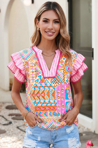 Boho Contrast Trim Striped Patchwork Blouse-Women's Short Sleeve Shirt-Simply Blessed Children's Boutique