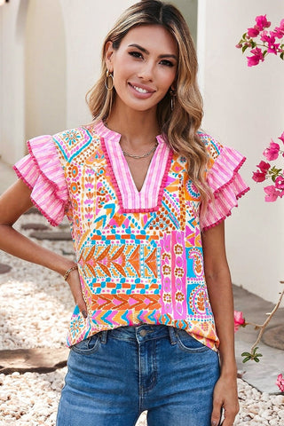 Boho Contrast Trim Striped Patchwork Blouse-Women's Short Sleeve Shirt-Simply Blessed Children's Boutique