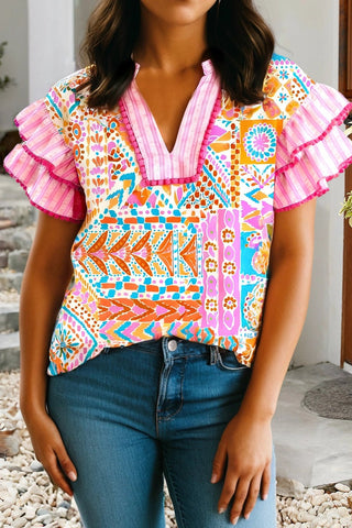 Boho Contrast Trim Striped Patchwork Blouse-Women's Short Sleeve Shirt-Simply Blessed Children's Boutique