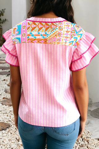 Boho Contrast Trim Striped Patchwork Blouse-Women's Short Sleeve Shirt-Simply Blessed Children's Boutique