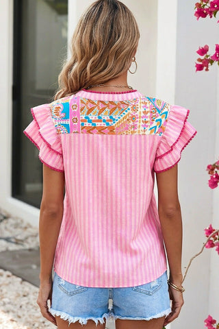 Boho Contrast Trim Striped Patchwork Blouse-Women's Short Sleeve Shirt-Simply Blessed Children's Boutique