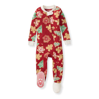 Red onesie with Christmas tree and gingerbread man pattern on a white background