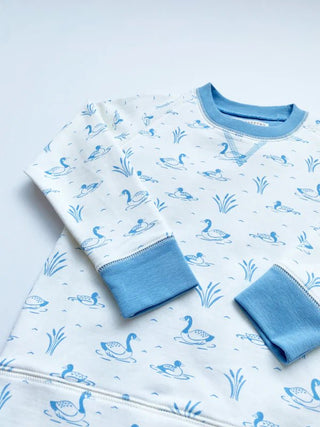 Cassidy Comfy Crewneck Sweatshirt – Quack Quack Honk (Palmetto Pearl) with Barrington Blue-Boys Sweatshirt/Pullover-Simply Blessed Children's Boutique