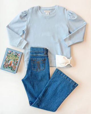 Cassidy Comfy Crewneck with Bow – Beale Street Blue/Worth Ave White | The Beaufort Bonnet Company-Girls Sweatshirt/Pullover-Simply Blessed Children's Boutique
