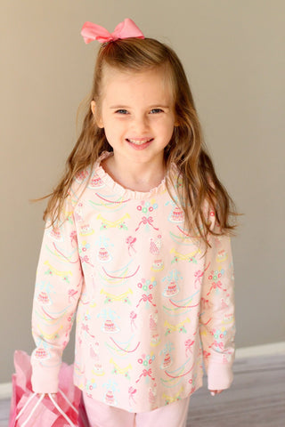 Cassidy Ruffle Comfy Crewneck – Golden Birthday / Pier Party Pink-Girls Sweatshirt/Pullover-Simply Blessed Children's Boutique