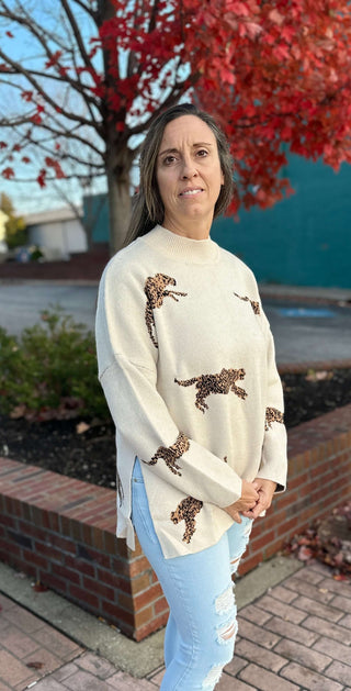 Cheetah Turtleneck Split Hem Sweater-Women's Sweaters-Simply Blessed Children's Boutique
