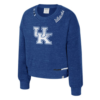 University of Kentucky blue speckled crew sweatshirt with UK logo and Wildcats script by Colosseum Athletics for girls.