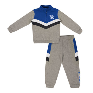 University of Kentucky Clarence fleece sweatsuit set front view with UK logo and Wildcats text on gray and blue design.