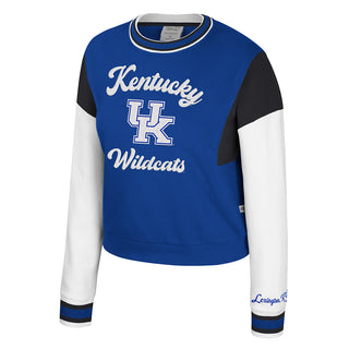 University of Kentucky women’s color block crew sweatshirt with Kentucky Wildcats logo and Lexington KY sleeve by Colosseum Athletics.