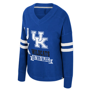 University of Kentucky women’s oversized v-neck knit top in royal blue with Wildcats and Go Big Blue graphics by Colosseum Athletics.
