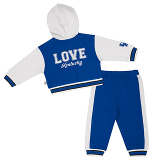 University of Kentucky infant varsity set back view with LOVE Kentucky design on blue and white hoodie and pants from Colosseum Athletics.