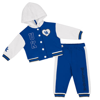 Children's blue and white jacket and pants set with 'UK' and heart design on a white background from Colosseum Athletics.