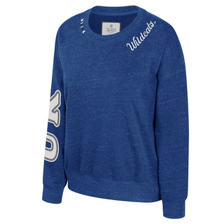 University of Kentucky ladies blue speckled crew sweatshirt with Wildcats script and UK sleeve logo by Colosseum Athletics.