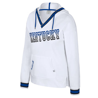 University of Kentucky ladies white tunic hoodie with Kentucky logo, blue striped cuffs, and v-neck by Colosseum Athletics.