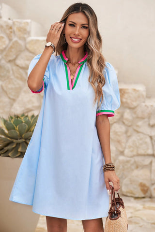 Contrast Striped Detail Notched Neck Puff Sleeve Dress-Women's Dresses-Simply Blessed Children's Boutique