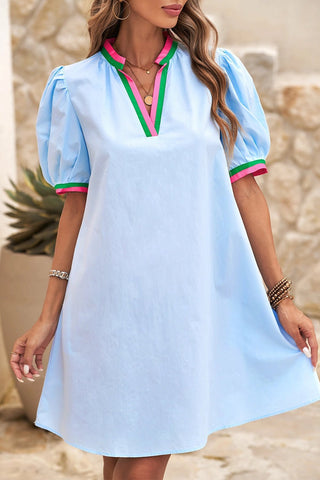 Contrast Striped Detail Notched Neck Puff Sleeve Dress-Women's Dresses-Simply Blessed Children's Boutique