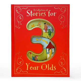 Cottage Door Press storybook for 3-year-olds with red cover, gold accents, and a cut-out number three filled with playful illustrations

