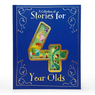 Cottage Door Press storybook for 4-year-olds with blue cover, gold details, and a large number four filled with colorful illustrations