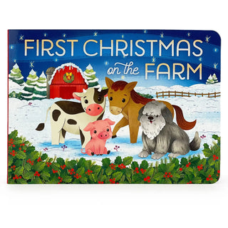 Cover of First Christmas on the Farm board book featuring cow, horse, pig, and dog in snowy holiday scene with red barn