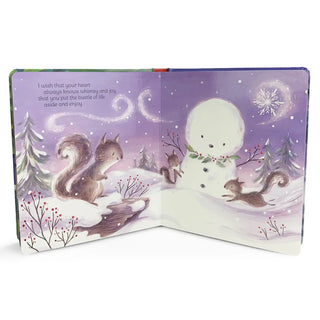 Snowman Scene: Woodland squirrels playing around a snowman under snowy skies, from Grandma’s Christmas Wishes book.