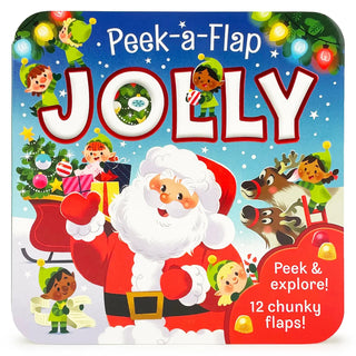 Cover of Jolly Lift-A-Flap Board Book featuring Santa Claus, elves, reindeer, and a Christmas tree with presents at the North Pole.