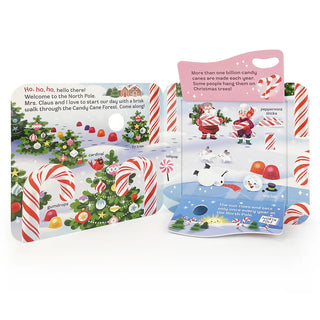 Peek-a-Flap Jolly Board Book pages showing Santa and Mrs. Claus walking in Candy Cane Forest surrounded by gumdrops and snowmen.