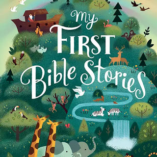 Cover of My First Bible Stories by Cottage Door Press featuring Noah’s Ark, animals, and trees in a colorful illustrated design