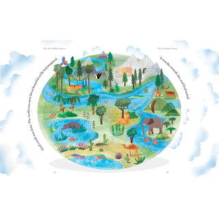 Illustrated Bible storybook spread showing animals, trees, and rivers from the Creation story in My First Bible Stories children’s book