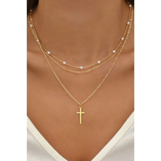 Cross and Pearl Layered Chain Necklace-Women's Necklace-Simply Blessed Children's Boutique