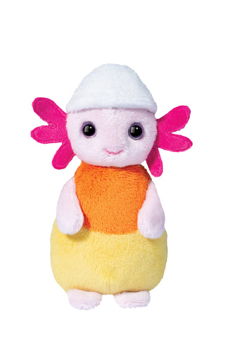 Candy Cornalotl Halloween plush with pink body, orange and yellow belly, and white candy corn hat from Douglas Toys.