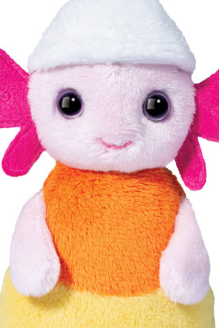 Close up of Candy Cornalotl Halloween plush with pink body, orange and yellow belly, and white candy corn hat 