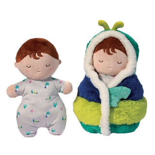 Douglas Colorful Caterpillar Hug Doll—soft baby doll with embroidered face and removable plush caterpillar swaddle with leaf closure and antennae.
