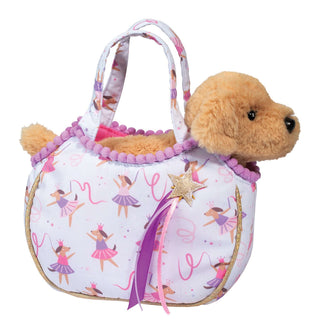 Plush puppy in a soft purse with ballerina puppy print, purple pom trim, and glitter star wand—perfect for dress-up and imaginative play.