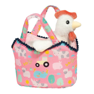 Farm Friends Sassy Sack with plush chicken—pink toddler purse with farm animal print, navy pom trim, and soft removable stuffed hen.