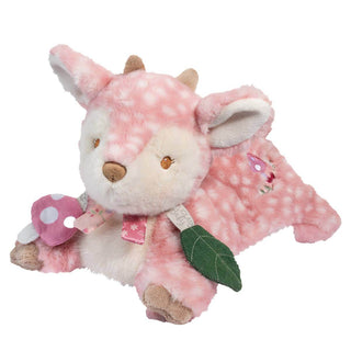 Farrah the Fawn puppet by Douglas Toys—pink plush baby toy with crinkle sound, ribbon tags, and forest-themed textures for sensory play.