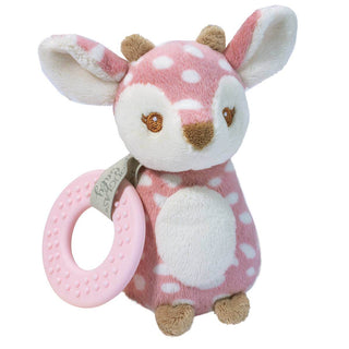 Sweet and soothing, Farrah the Fawn from Douglas Toys is the perfect first friend for your little one. Designed in a delicate pink and white spotted print, this charming rattle combines sensory fun, teething relief, and snuggly softness all in one!

Farrah’s velvety plush body, embroidered features, and soft antlers and feet are perfect for little hands to grasp and love. She comes with a built-in rattle and crinkle fabric to keep baby entertained, while the attached 100% silicone teething ring offers a saf